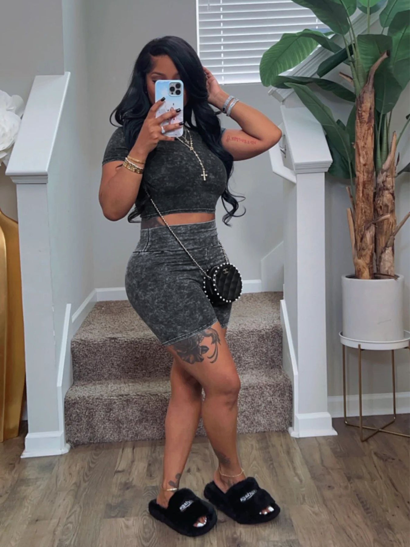 Fashionable Women's Clothing Solid Color Cotton Blending Short Sleeve High-Waisted Two-Piece Shorts Set