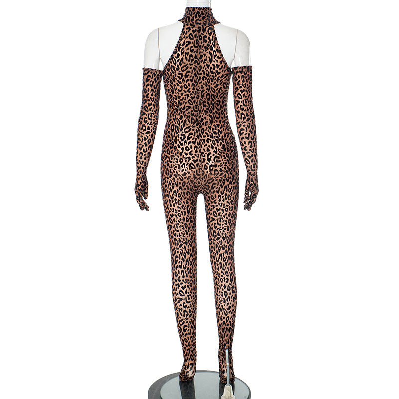 Women Half High Neck Long Sleeve Leopard Print Sexy Jumpsuit 7