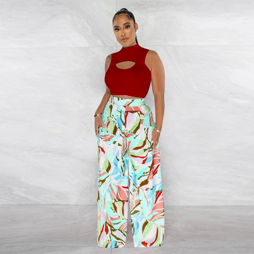 Women's Fashion Sleeveless Round Neck Cropped Top Printed Wide Leg Pants Two-Piece Set