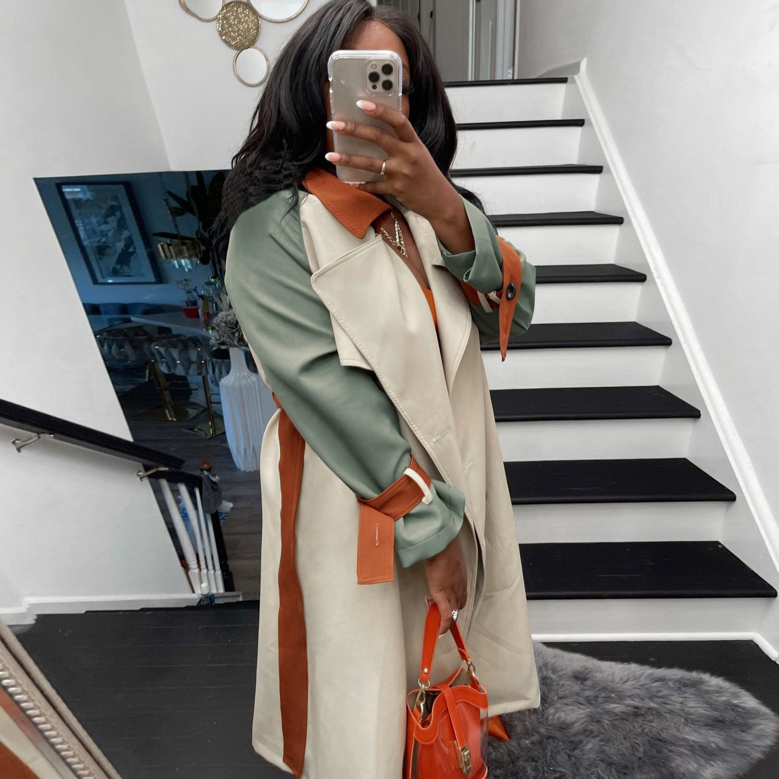 Fall Fashion Contrast Begie And Green Long Sleeve Button-Open Long Coat 4