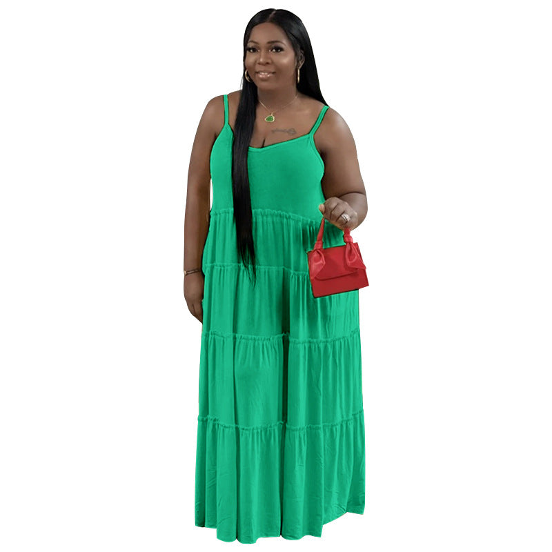 Summer Plus Size Women's Solid Color Sexy Camisole Pleated Patchwork Fashion Casual Dress 13