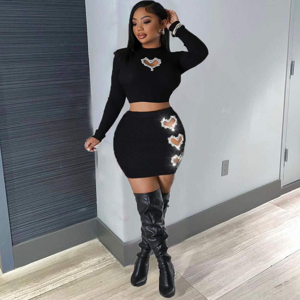 Rhinestone Heart Hollow Crop T-Shirt Short Skirt Fashion Casual Two Piece Set For Women 23