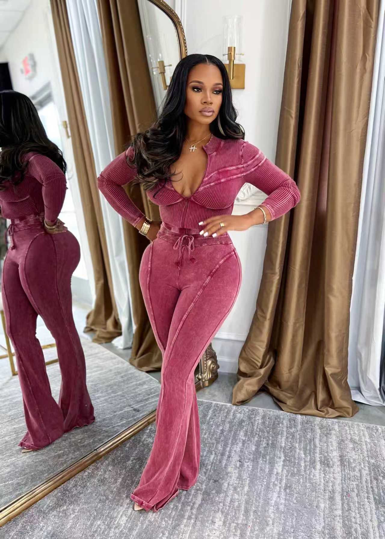 Women Fall Athletic Washed Casual Top and Pant Two-Piece Set 3