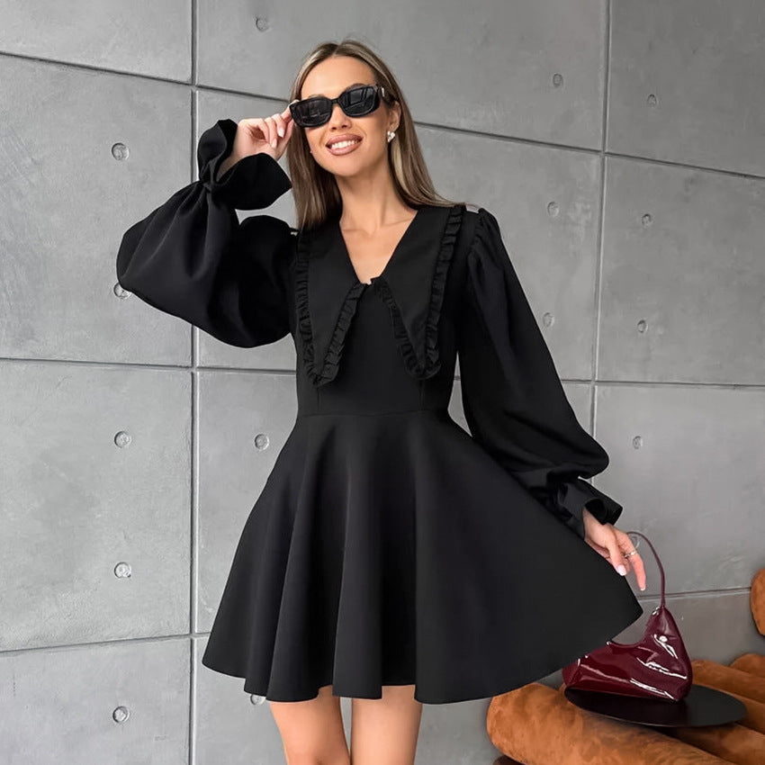 Autumn And Winter Black Sexy Turndown Collar Bell Bottom Long Sleeve Slim Short Dress 7