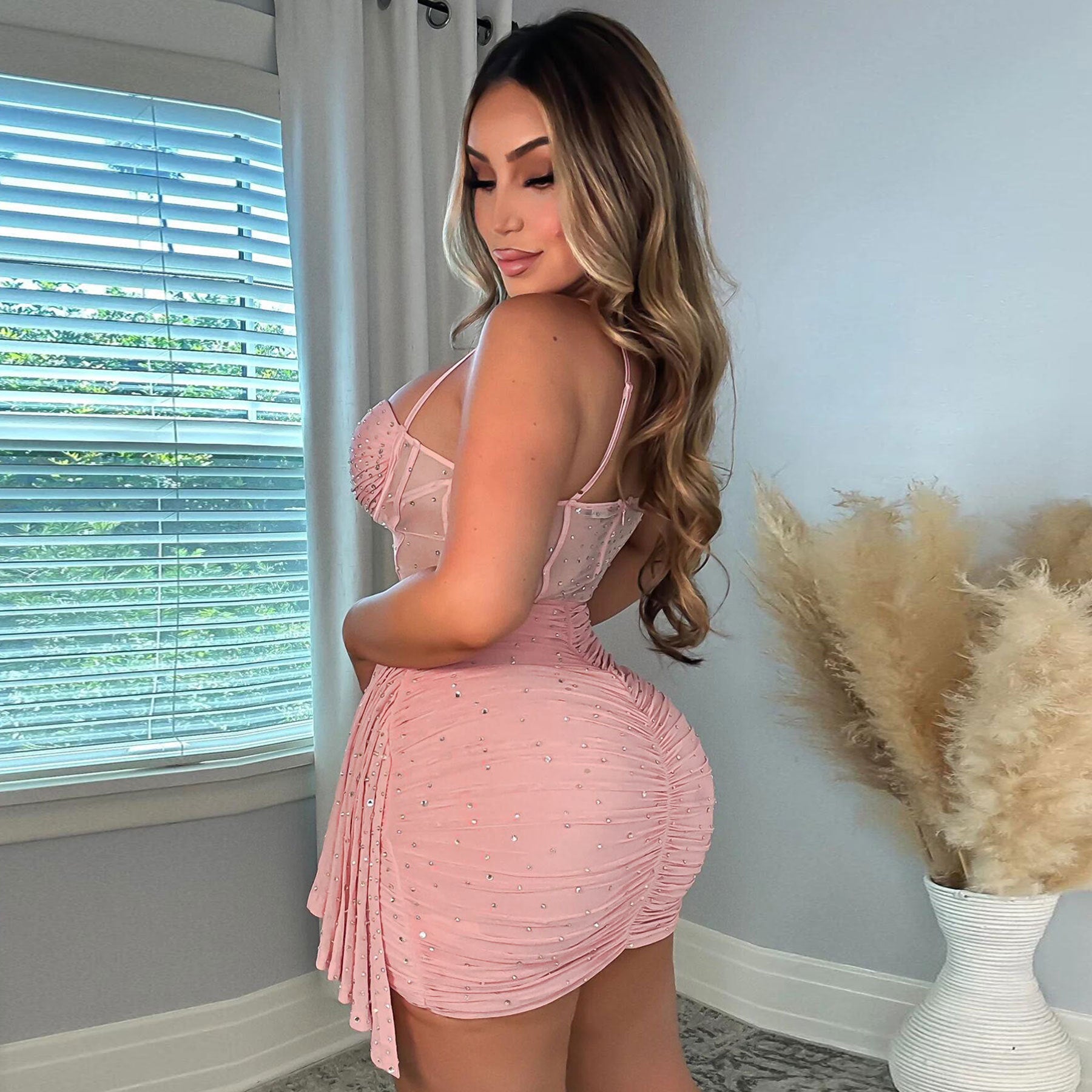 Sexy Slim Beaded Patchwork Sling Pleated Bodycon Dress 4