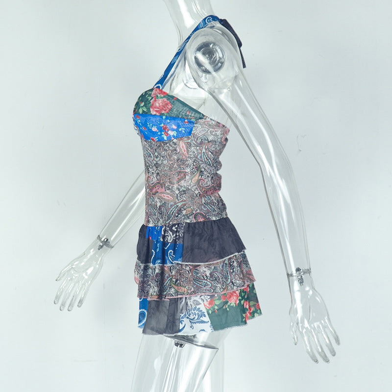 Women Printed Halter Neck Backless Ruffle Mini Dress 8