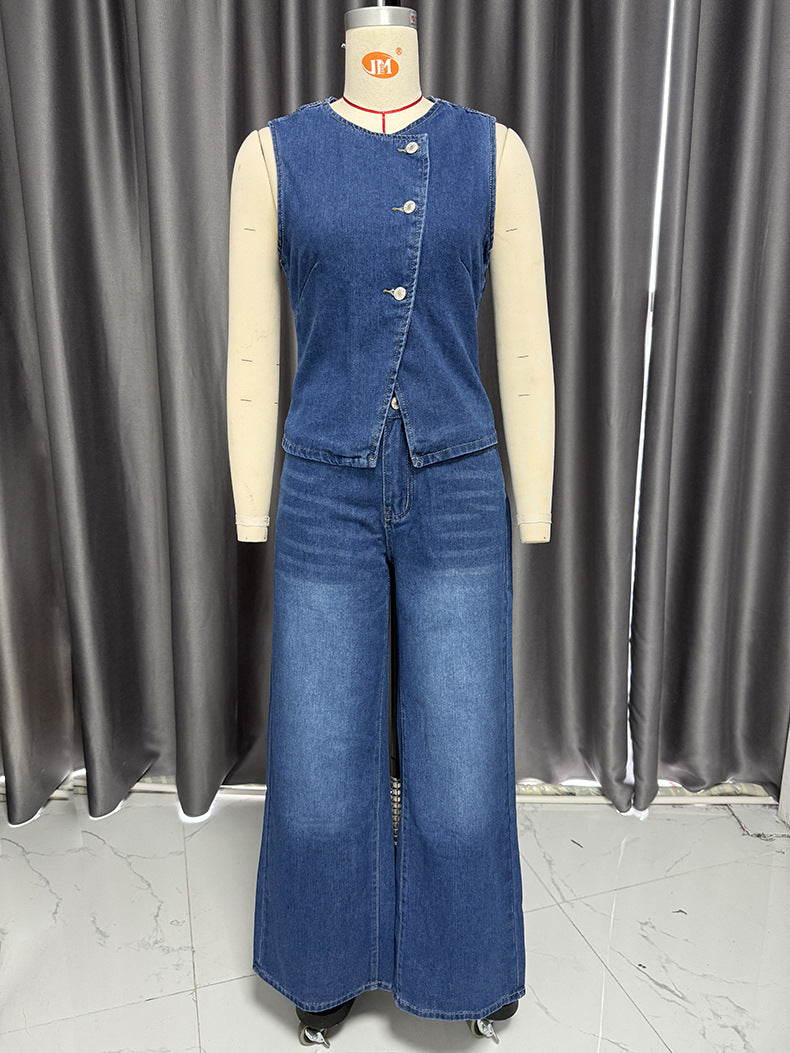 Women Spring Summer Sleeveless Vest Wide Leg Denim two-piece set 7