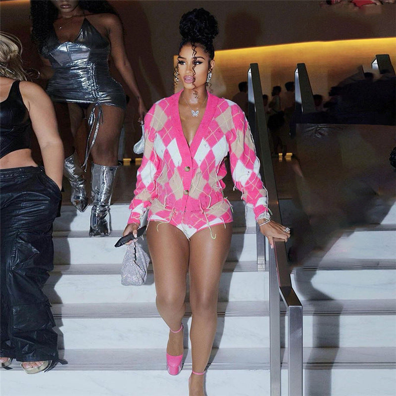 Autumn Women's Fashion Contrast Color Tassel Jacket High Waist Slim Shorts Two Piece Set For Women 4