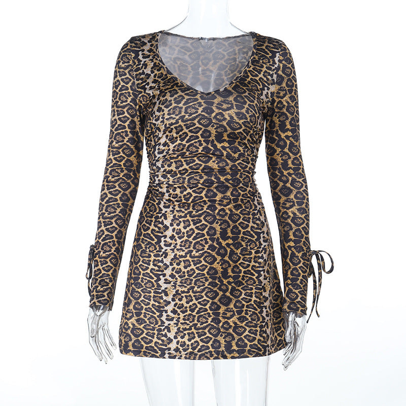 Women Fall V-Neck Leopard Print Crossover Lace-Up Dress 6