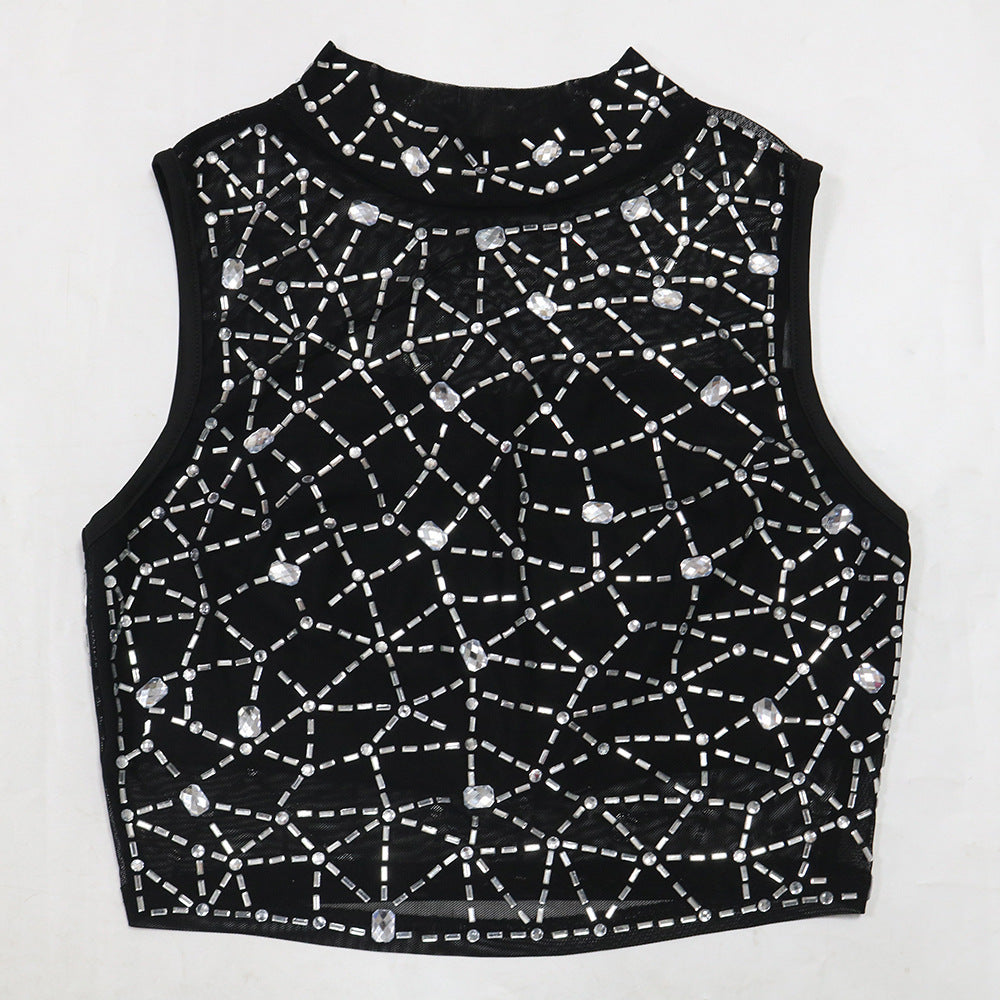 Women Beaded Mesh Sleeveless Round Neck Top and Bodycon Mini Skirt with Panties Two-piece Set 17