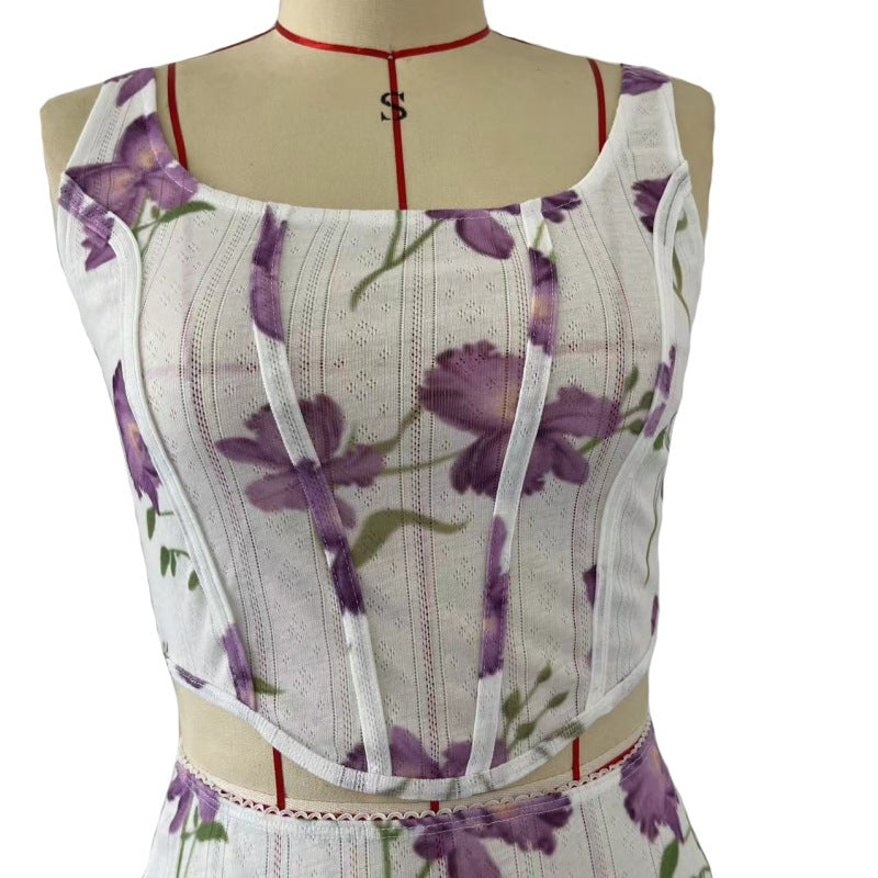 Women's Sexy Printed Camisole Slim Bodycon Skirt Two Piece Set 16