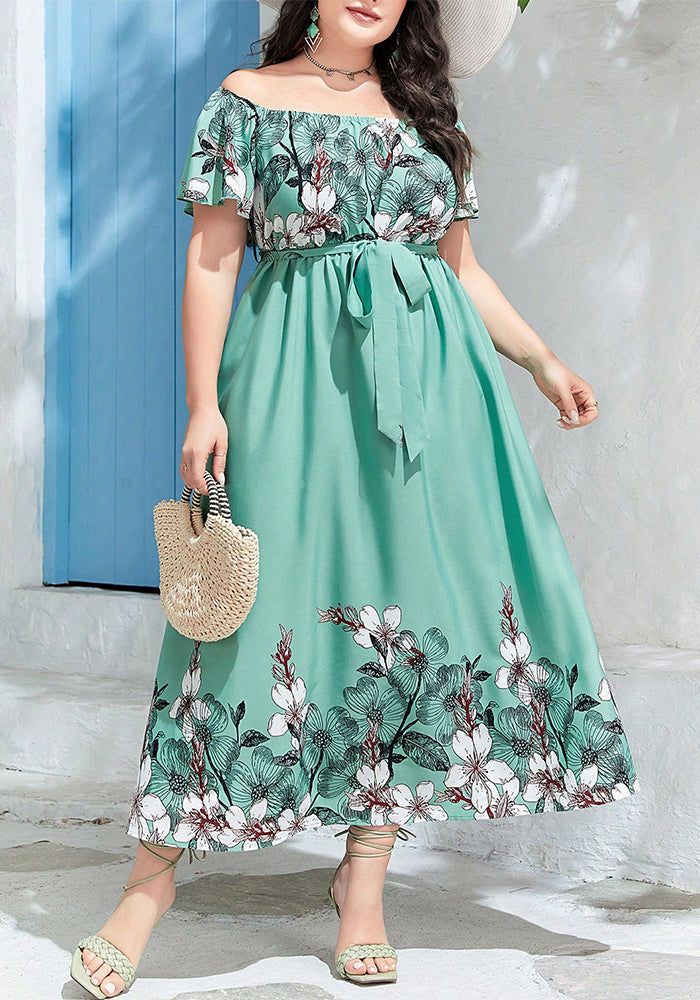 Off Shoulder Slim Waist Print A-Line Plus Size Elegant Chic Holidays Long Dress