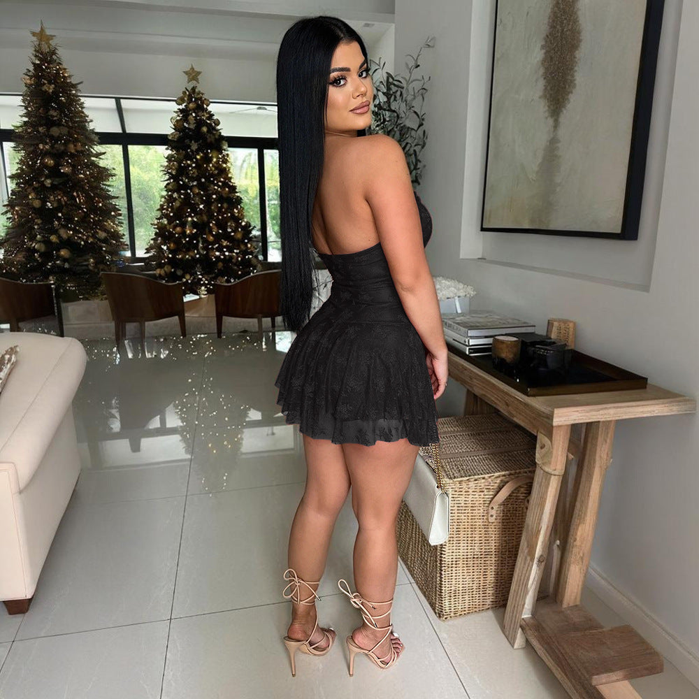 Strapless Lace Solid Color Chic Short Romper 8