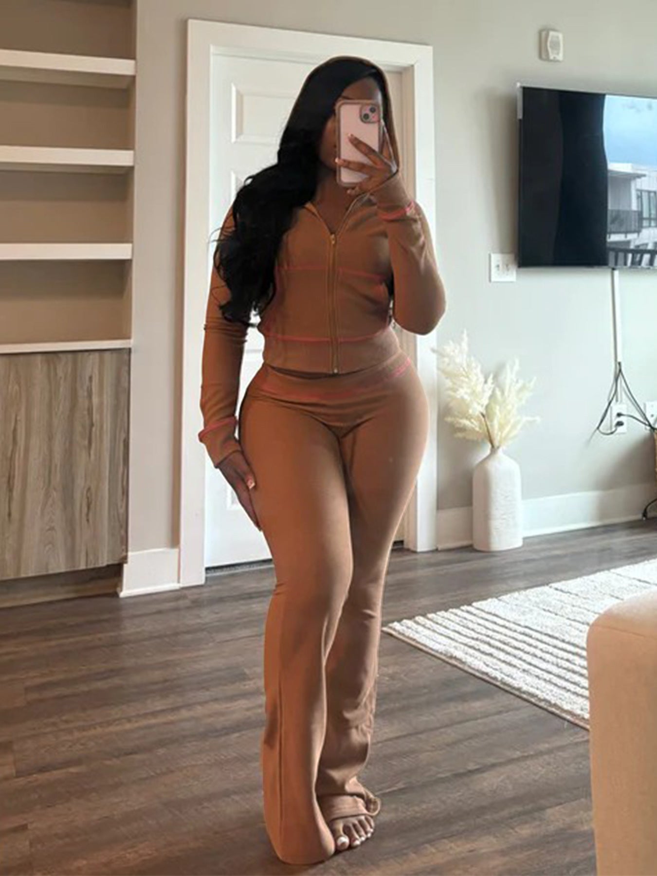 Women's Waffle texture hooded Bell Bottom Casual two piece pants set 7