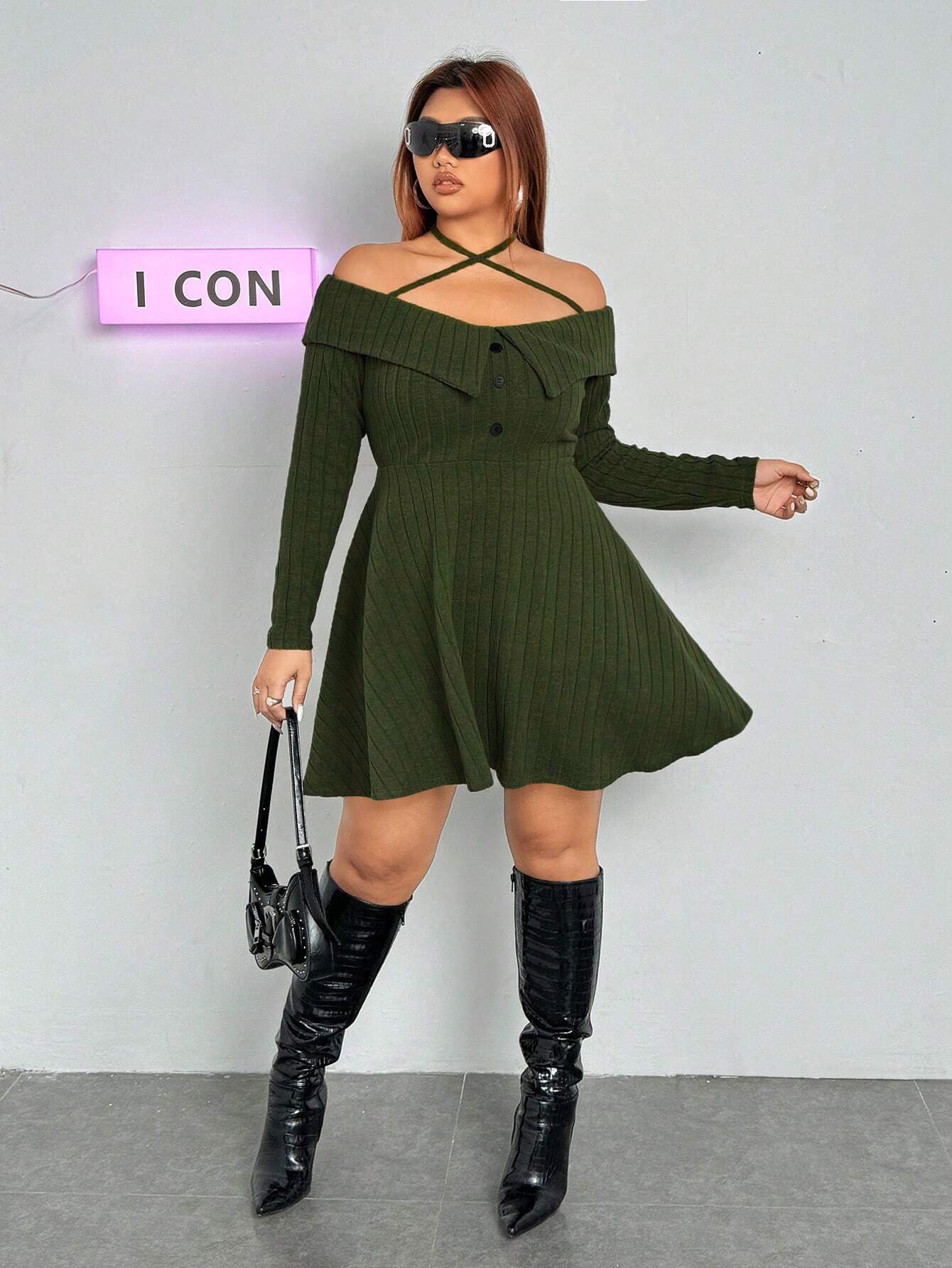Autumn And Winter Plus Size Women's Sexy Trendy Halter Neck Off-Shoulder Short Dress 4