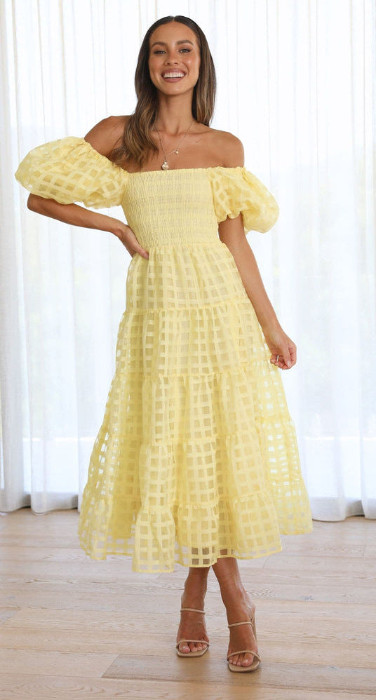 Off-Shoulder Lantern Sleeve Layered Patchwork Maxi Dress