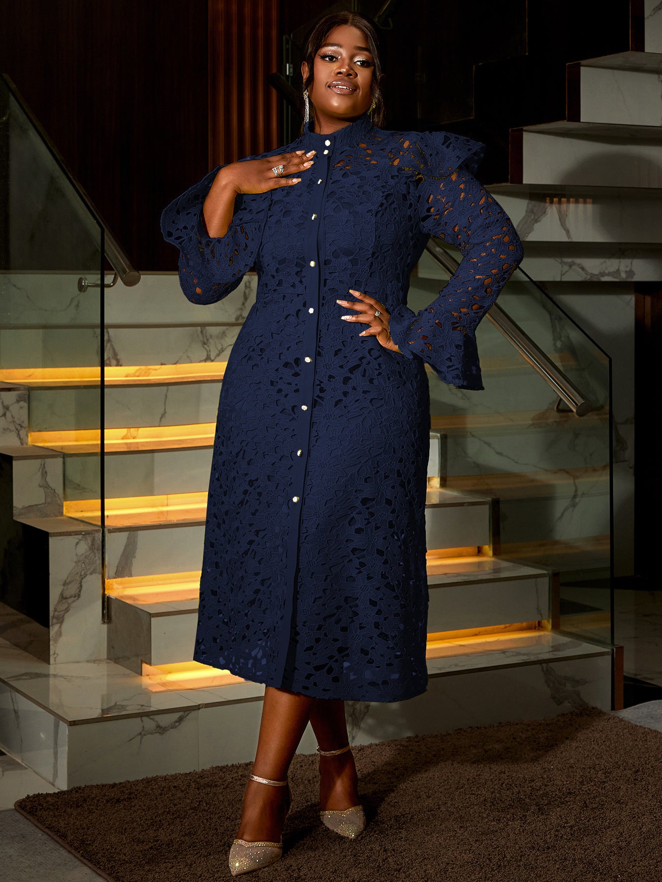 Plus Size Women Half High Neck Lace Dress Two-piece Set 20