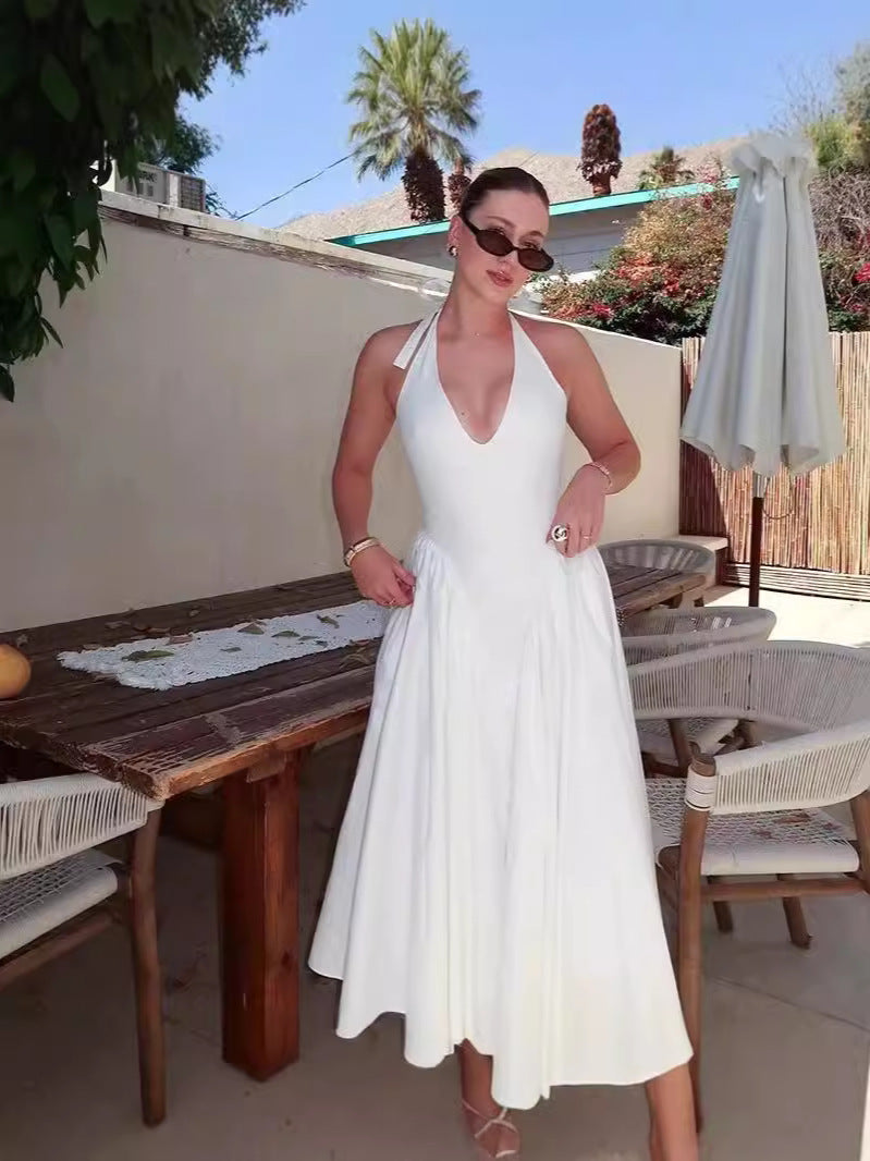 Women summer sexy v-neck Halter Neck lace-up sleeveless vest long dress dress 4