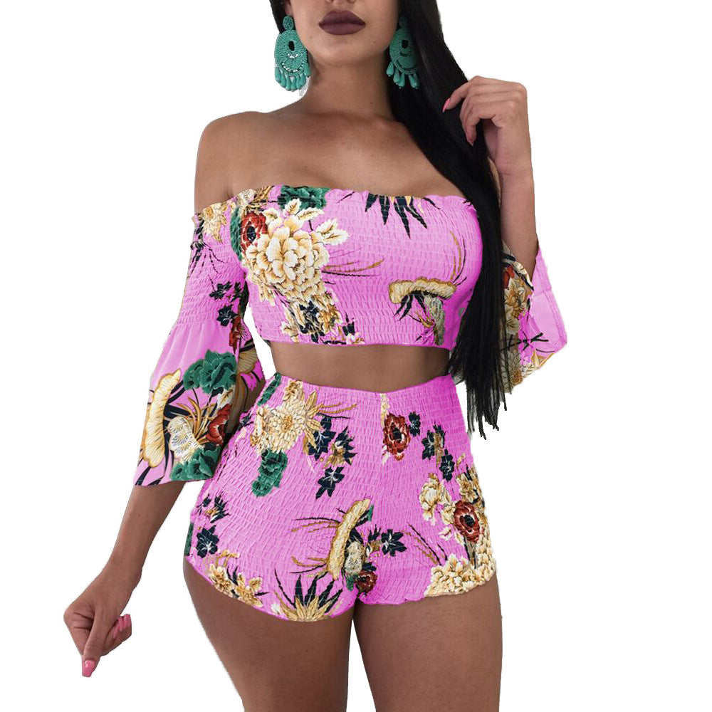 Women's Fashion Print Off Shoulder Bell Bottom Sleeve Two-Piece Set 10