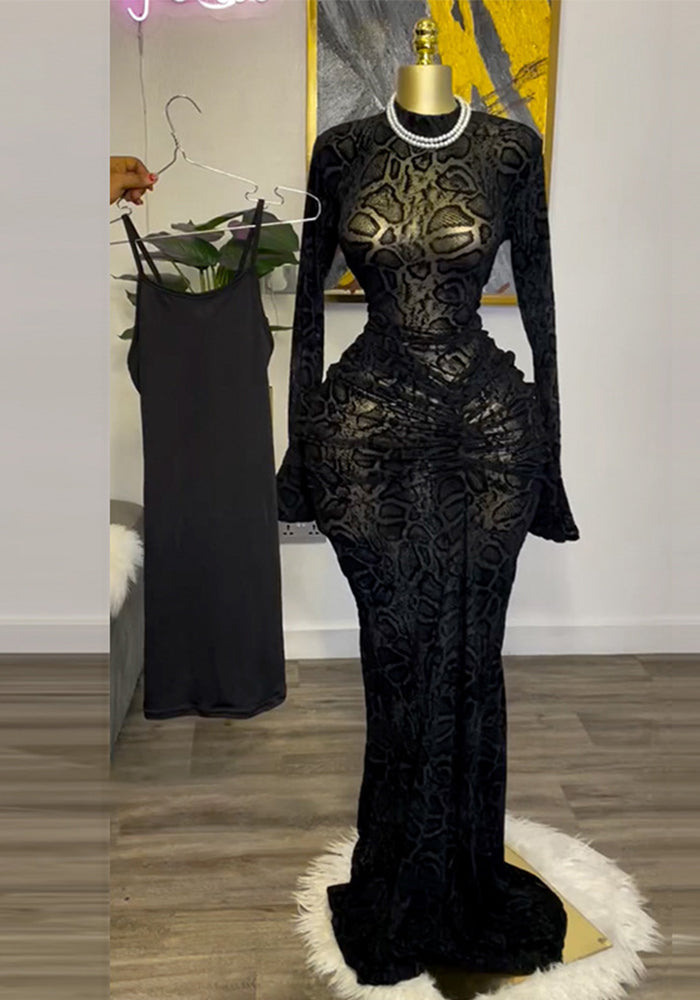 Women Elegant Half High Neck Lace Long Sleeve Bodycon Dress