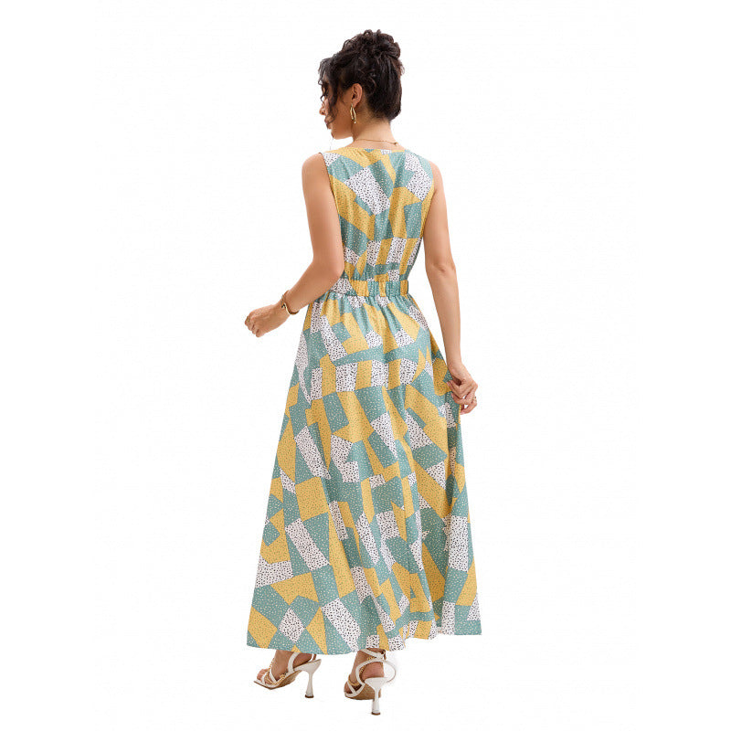 Geometric Print V-Neck Slim Waist Casual Maxi Dress 3