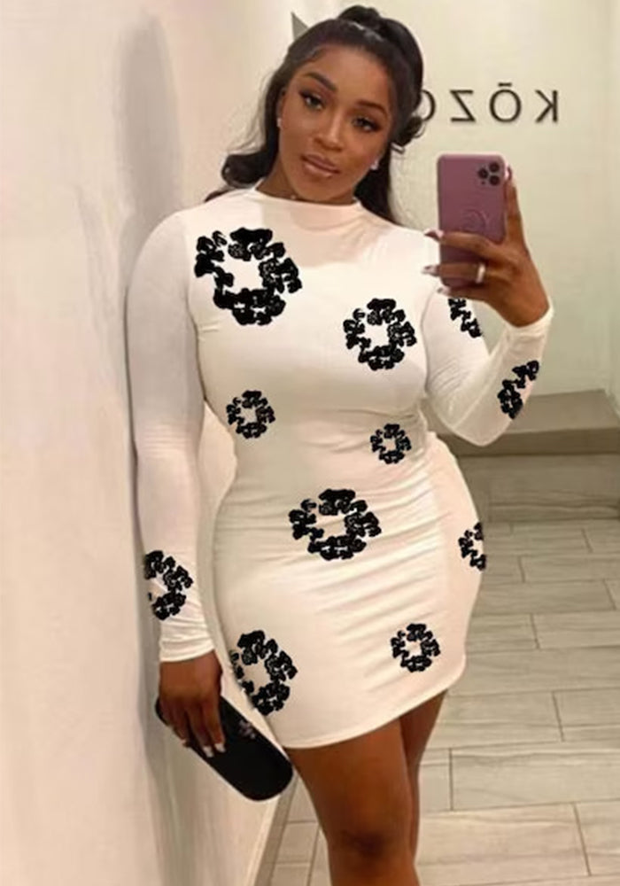 Women Long Sleeve Bodycon Sexy Print Dress