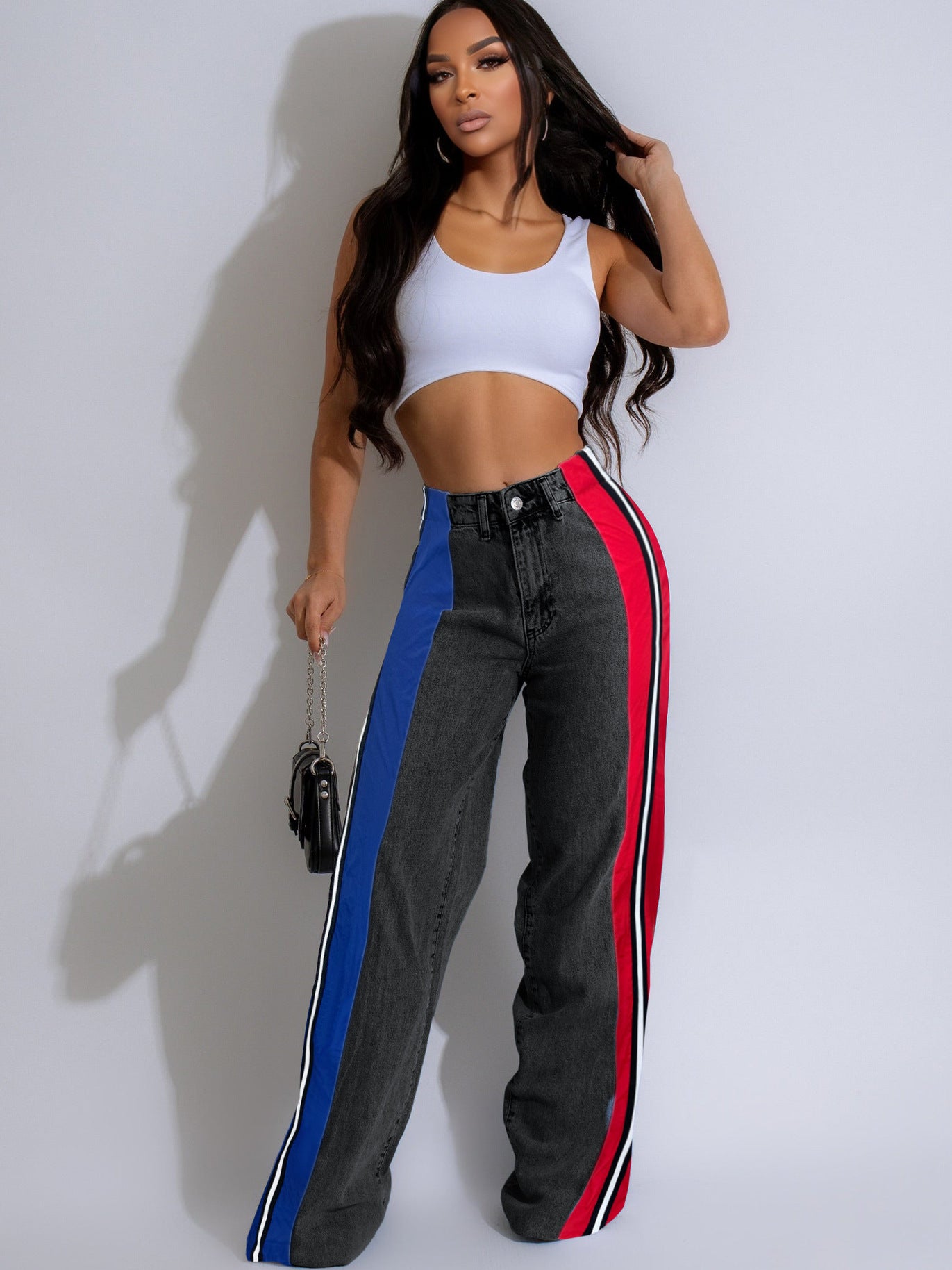 Women's Fashion Patchwork Striped Contrast Denim Pants Casual Straight Pants 8