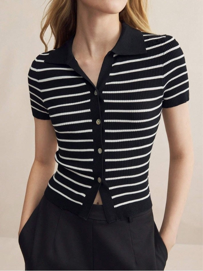 Autumn Winter Turndown Collar Slim Fit Striped Short Sleeve Women Knit Cardigan 8