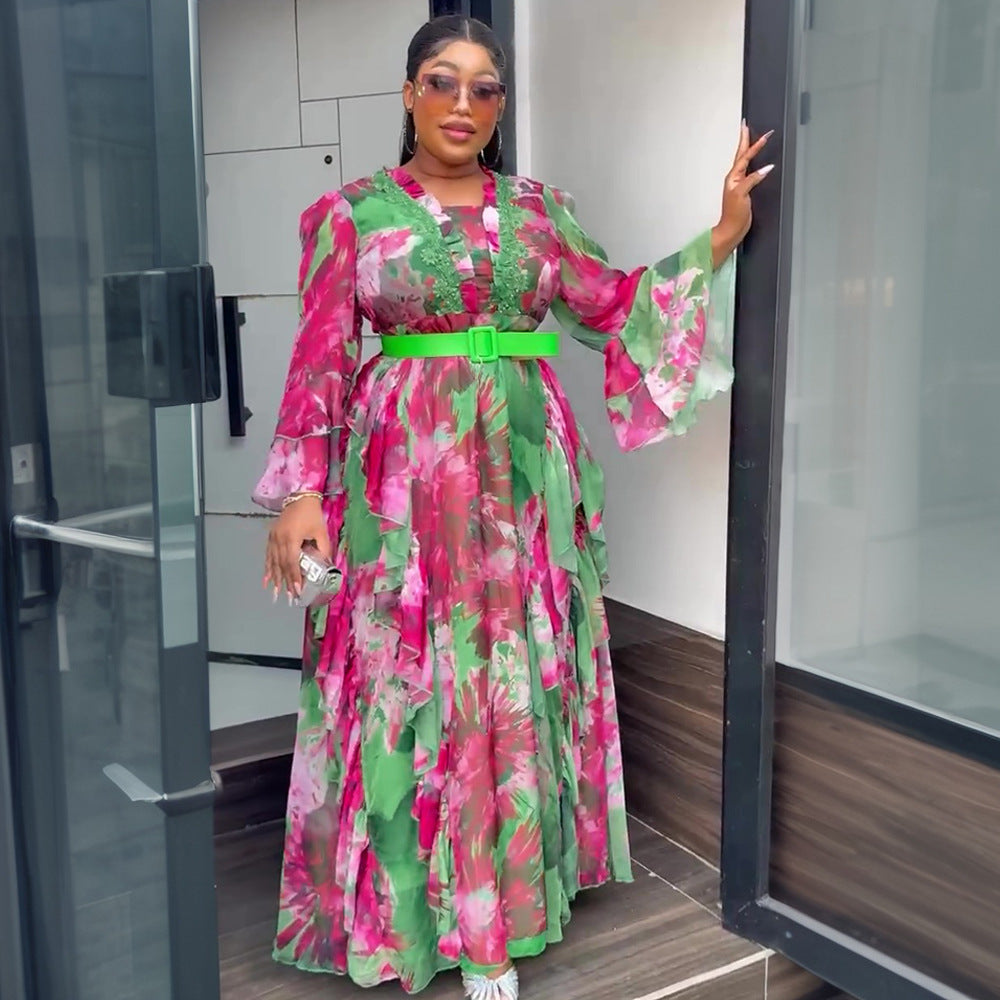 African Ruffled Printed Long DressFashionable Plus Size Wear for Women 4