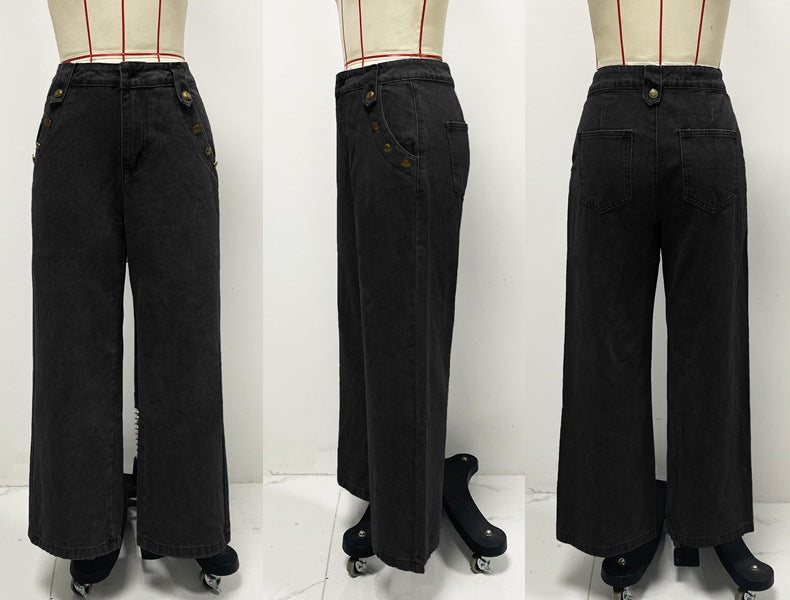 Fashion Chic Button Sleeveless Vest Wide Leg Denim Pants Two Piece Set 13