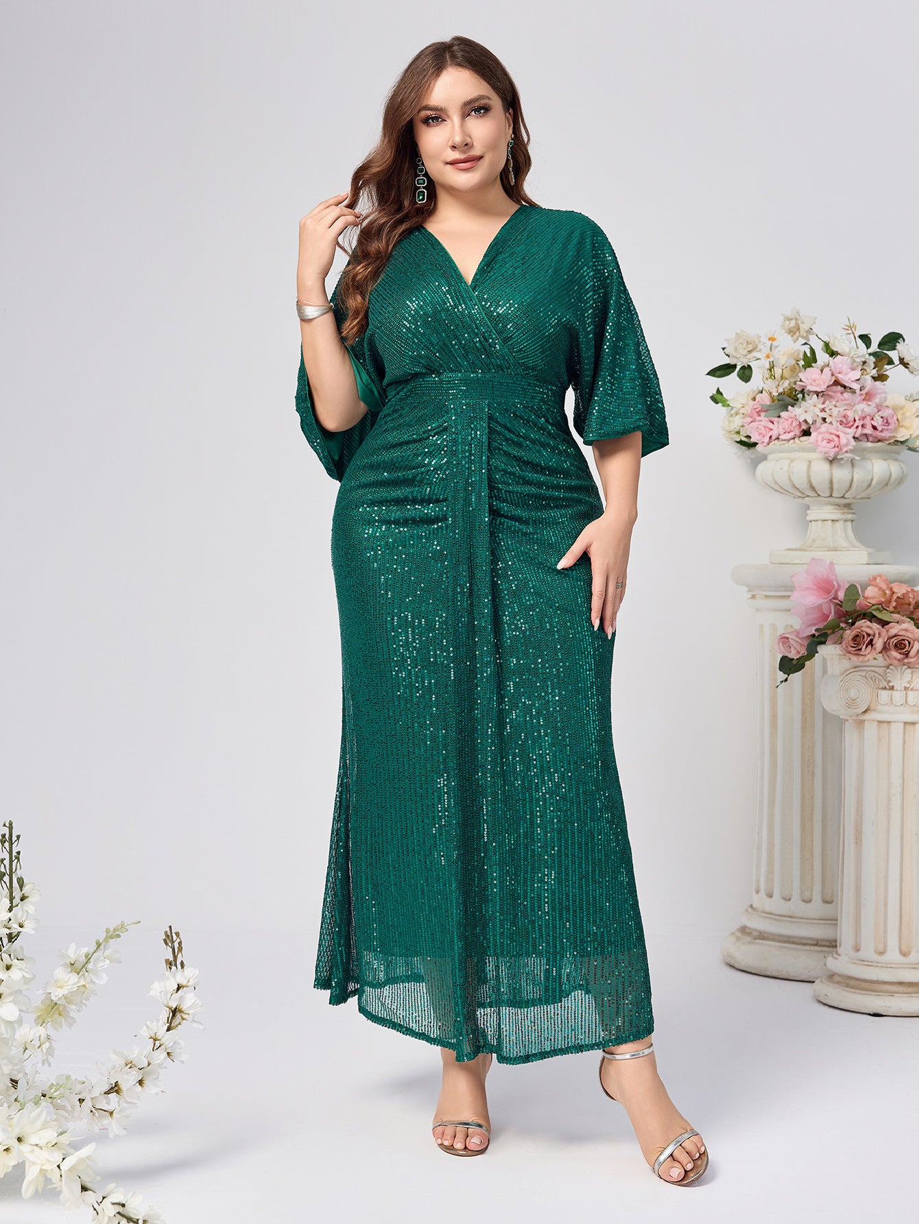 Plus Size Women Sequin Solid v-neck sequin sleeve Formal Party Dress 5