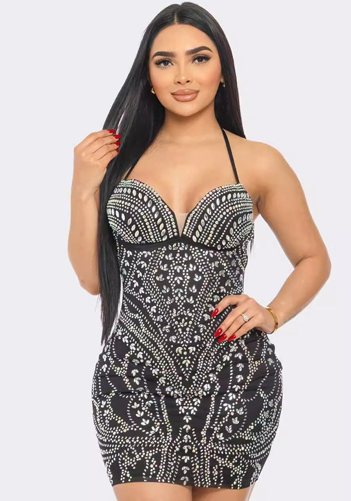 Women Sexy Beaded Halter Neck Bodycon Stretch Dress