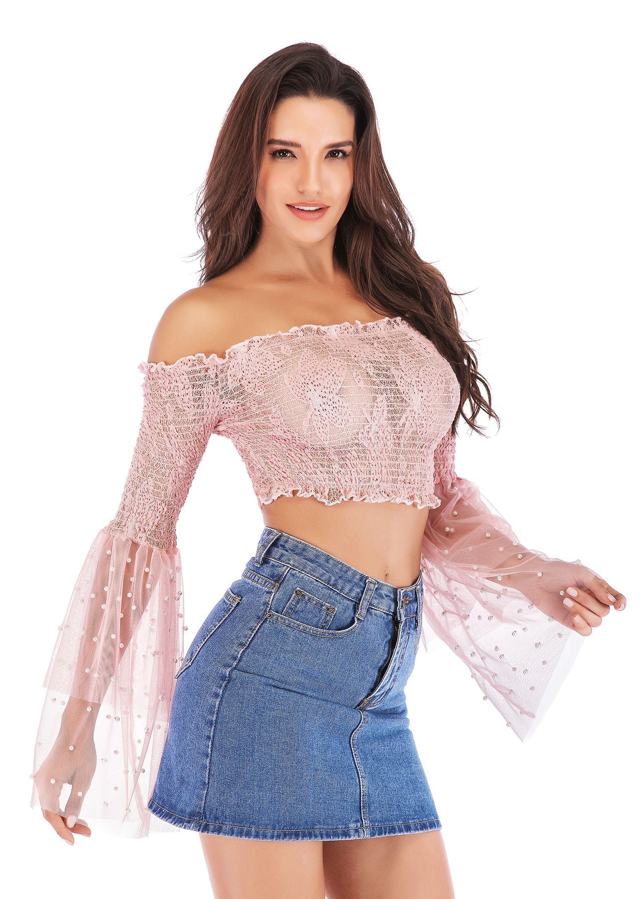 Women's Spring & Summer Off-The-Shoulder Bell Sleeve Sheer Lace Ruched Sexy Crop T-Shirt 8