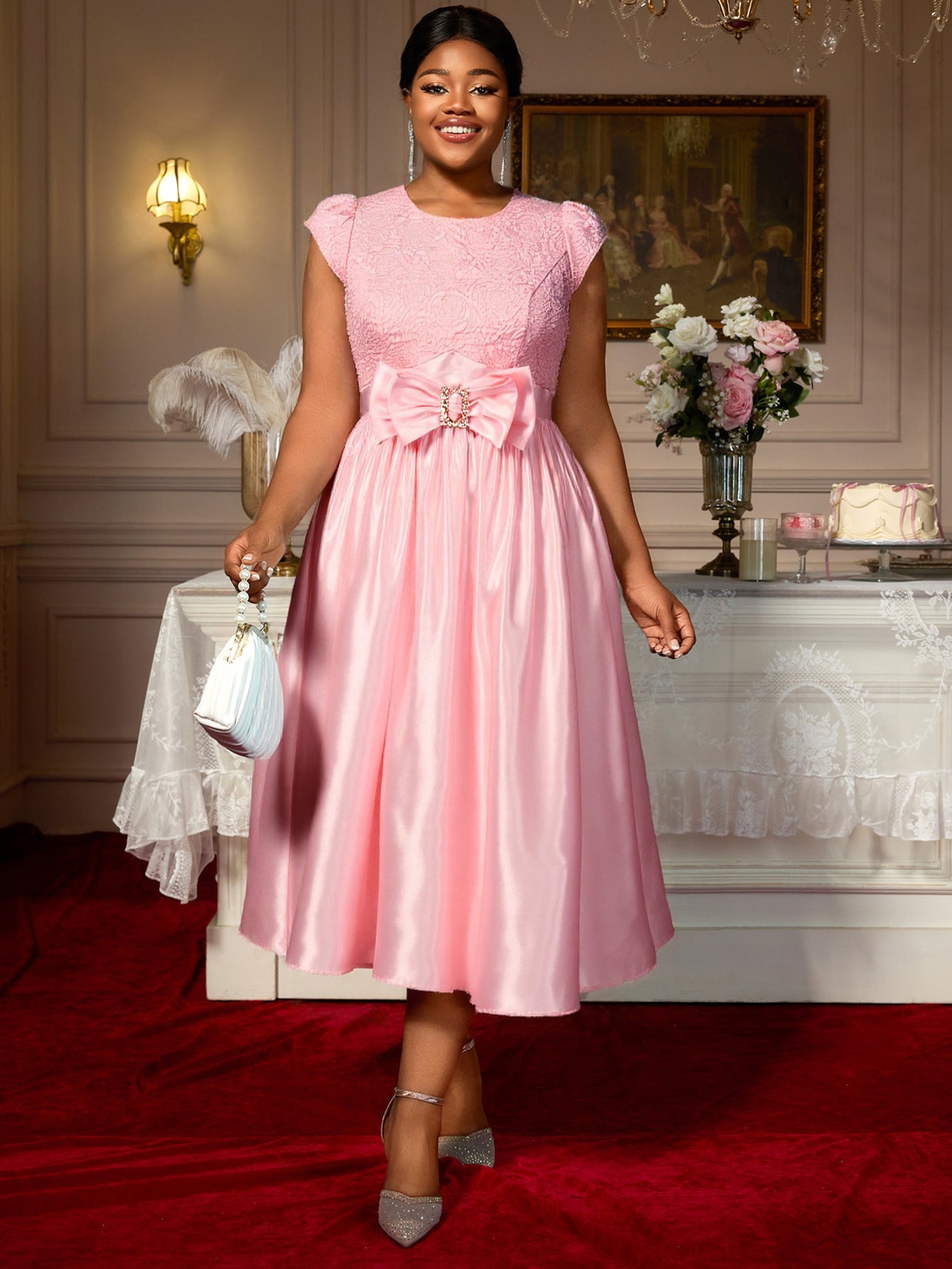 Plus-Size Women Elegant Rose Jacquard Patchwork Bow Short-Sleeved Party Dress 5