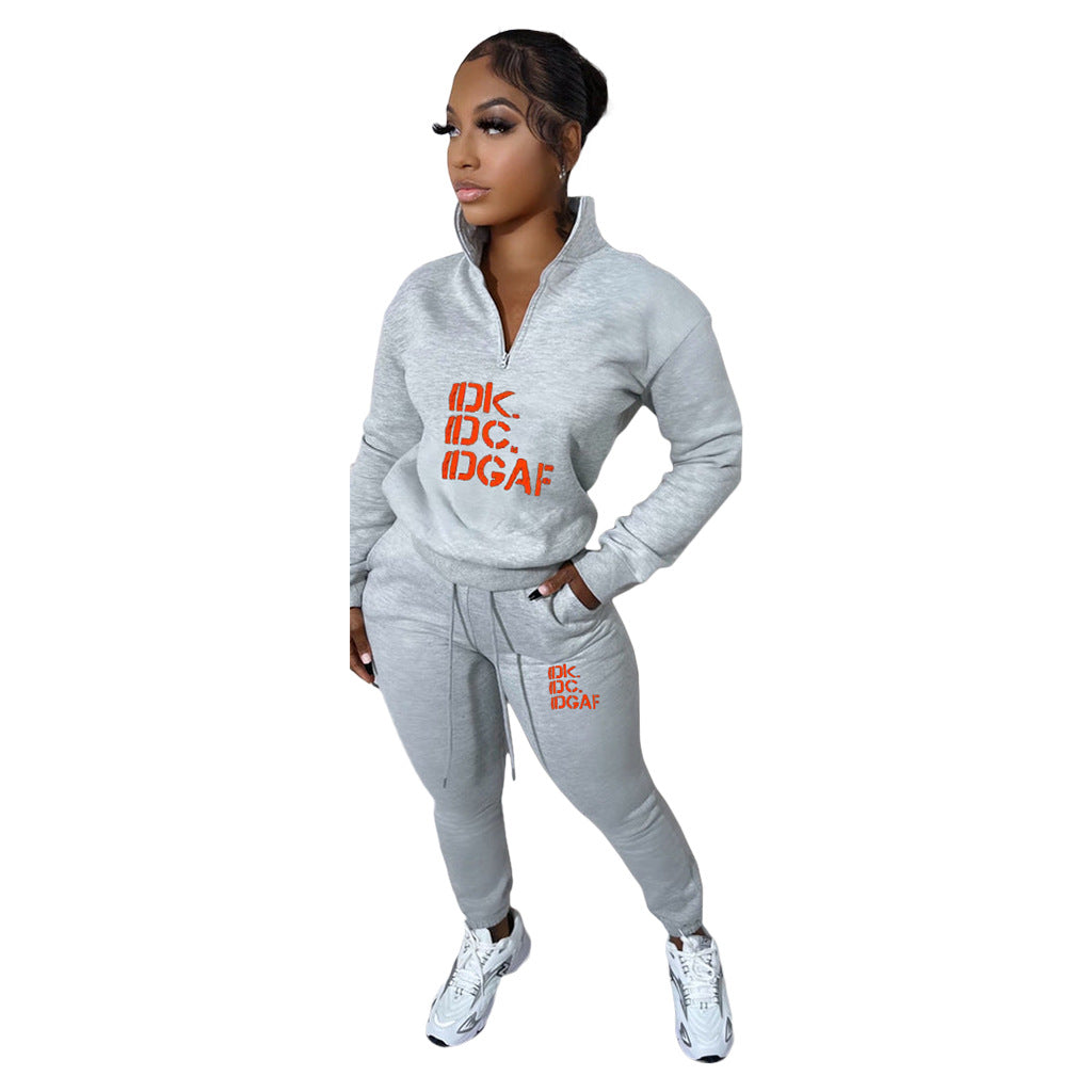 Women Casual Letter Print Fleece Zip Long Sleeve Top and Pant Two Piece 3
