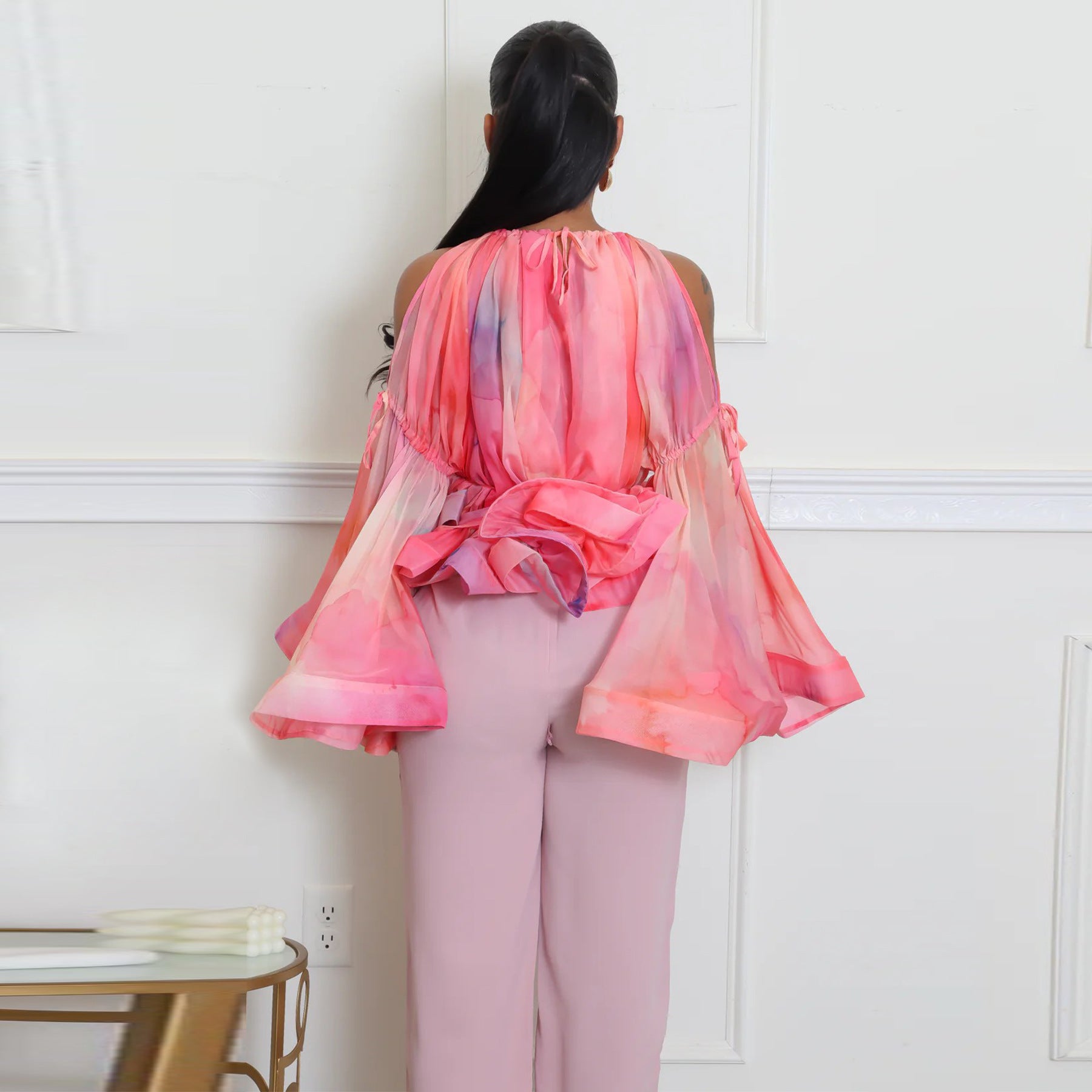 Women Sexy Off-The-Shoulder Mesh Print Bell Bottom Sleeve Top