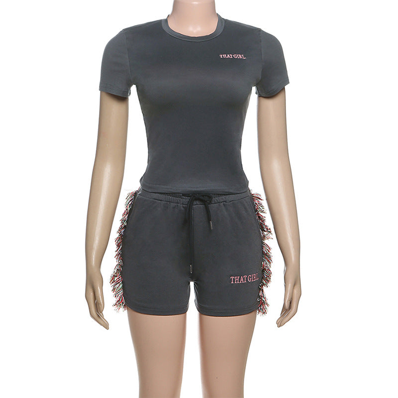 Women spring Summer sexy embroidered Top Solid and shorts two-piece set 10