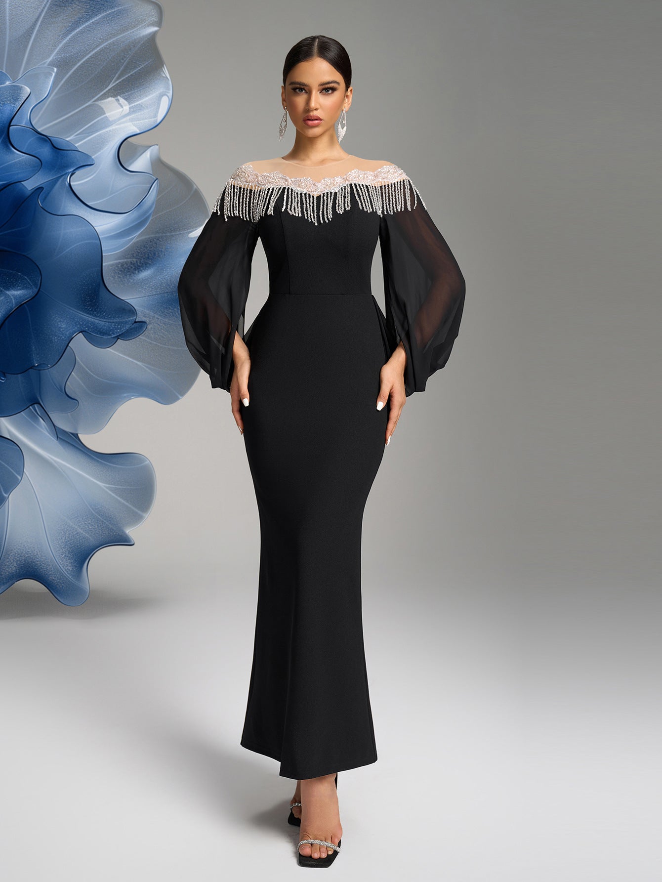 Women Round Neck Irregular Long Sleeve Light Luxury Beaded Bodycon Long Dress Dinner Dress