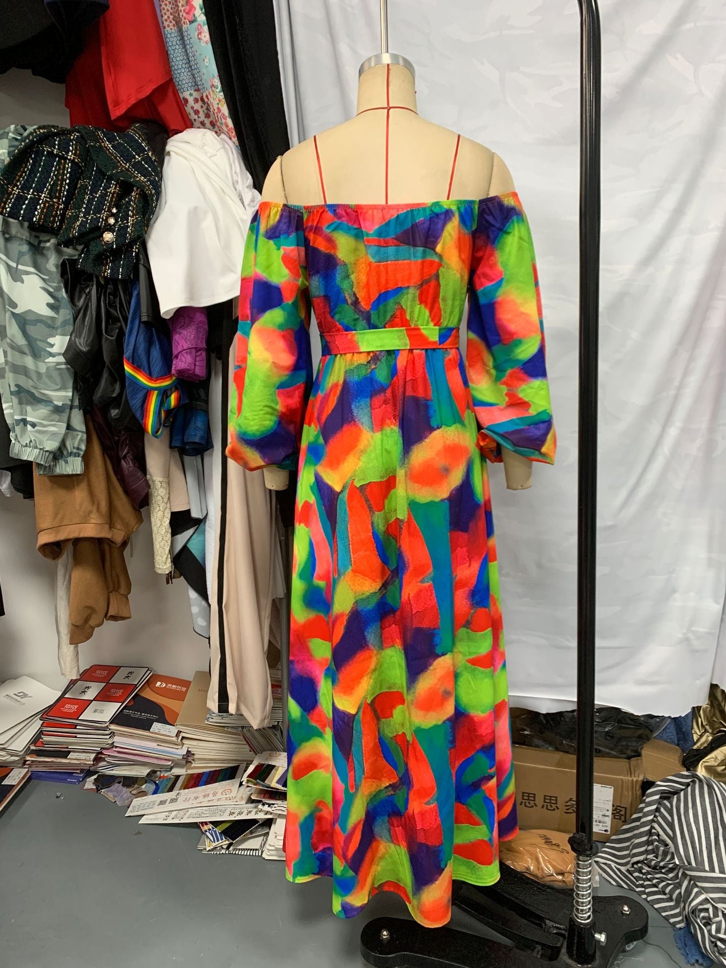 Spring Women Sexy Off Shoulder Bubble Long Sleeve Print Slim Waist Long Dress 7