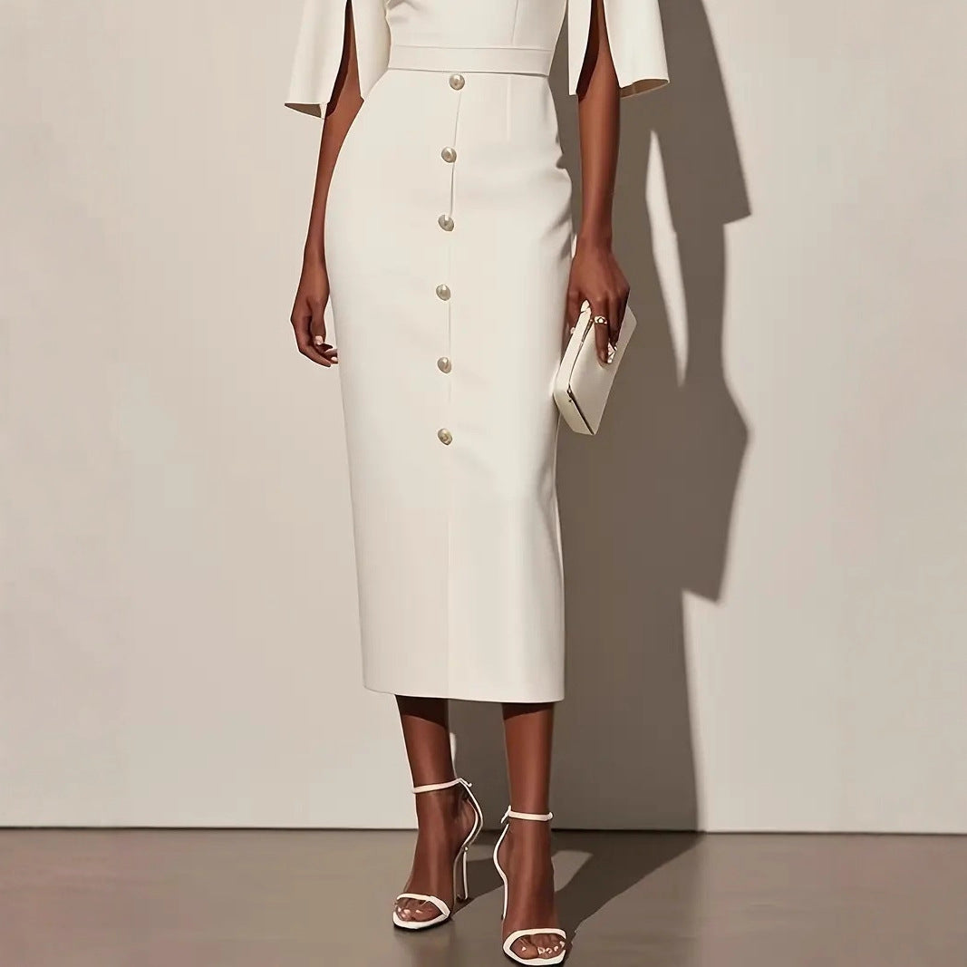 Women Summer Solid Round Neck Slit Button Dress 6