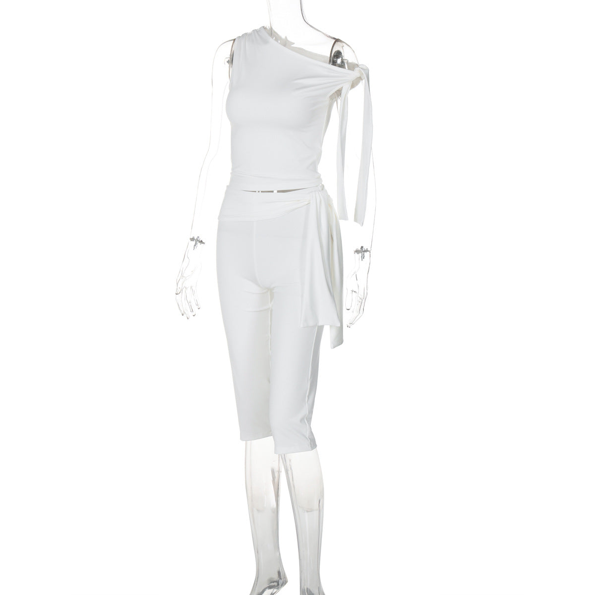 Women's Summer Fashion Slash Shoulder Sleeveless Top Slim Lace-Up Shorts Two Piece Set 8