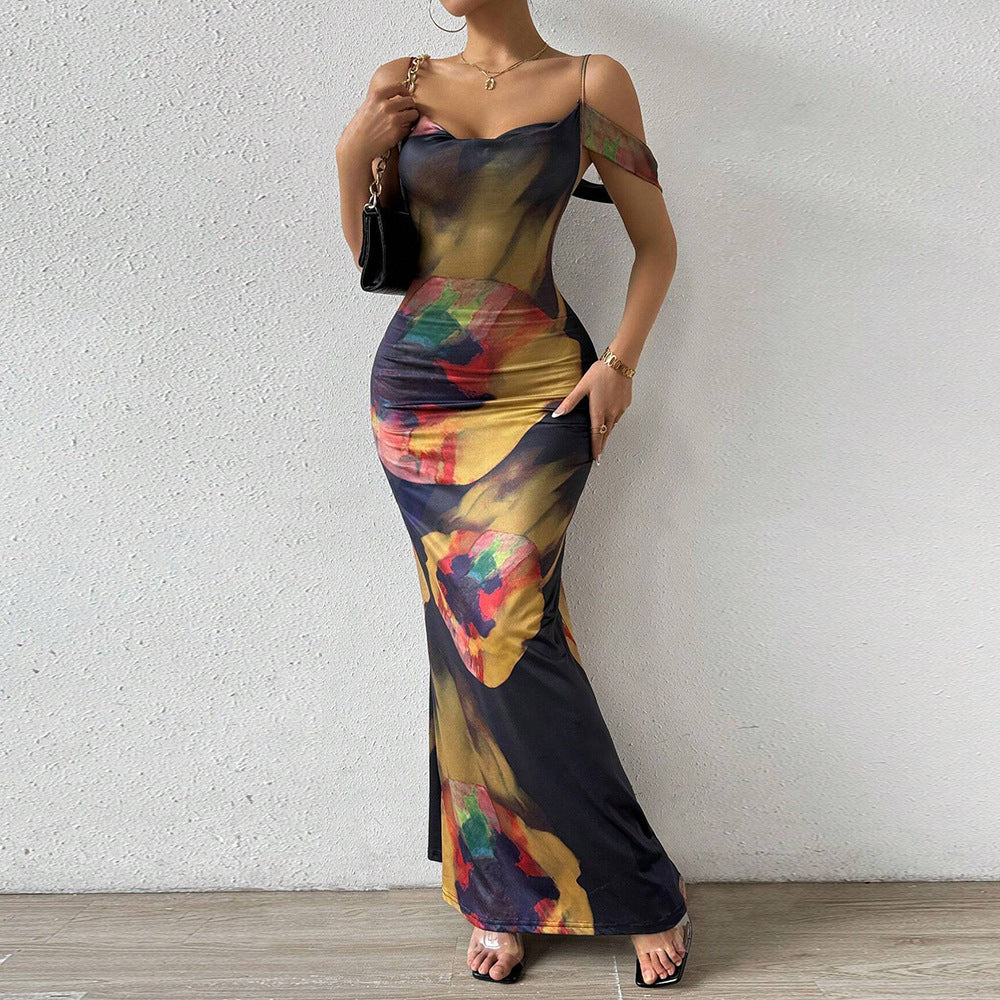 Summer Strap Off Shoulder Holidays Printed Slim Long Dress 3