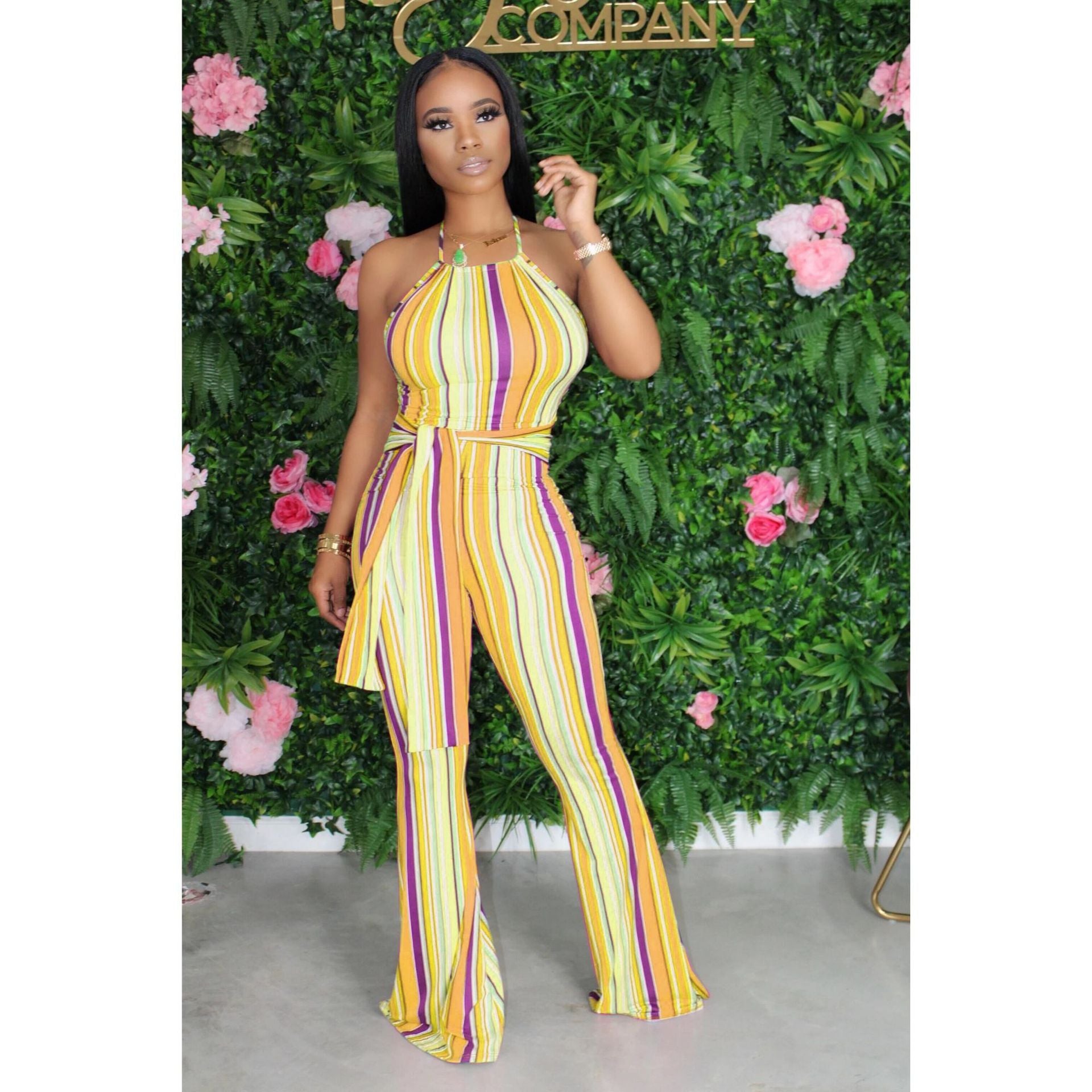 Multi-Color Striped Halter Neck Slim Fit Bell Bottom Women's Jumpsuit 12