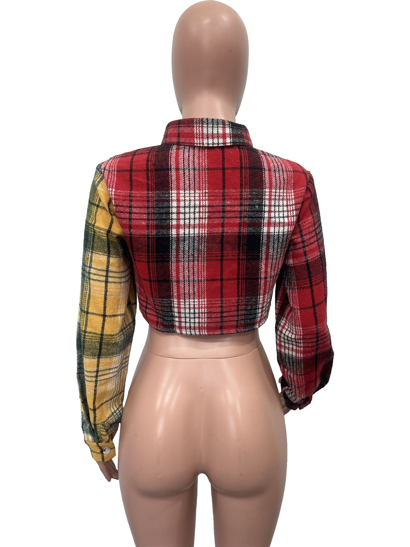 Women Plaid Button Turndown Collar Crop Coat 6