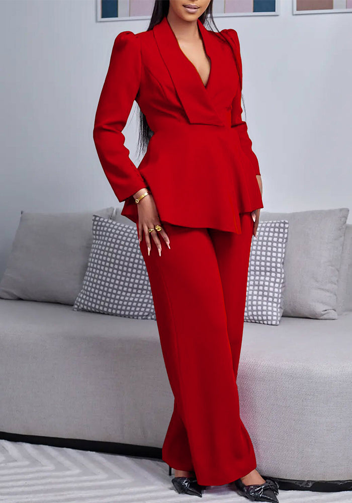 Women Elegant Ruffled Long Sleeve Top Wide Leg Pants Two-Piece Set