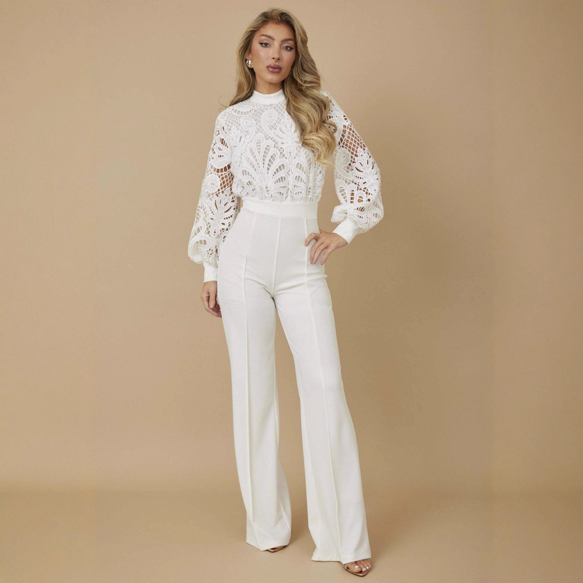 Women's Style Lace Trim Patchwork Long Sleeve Casual Wide-Leg Jumpsuit 5