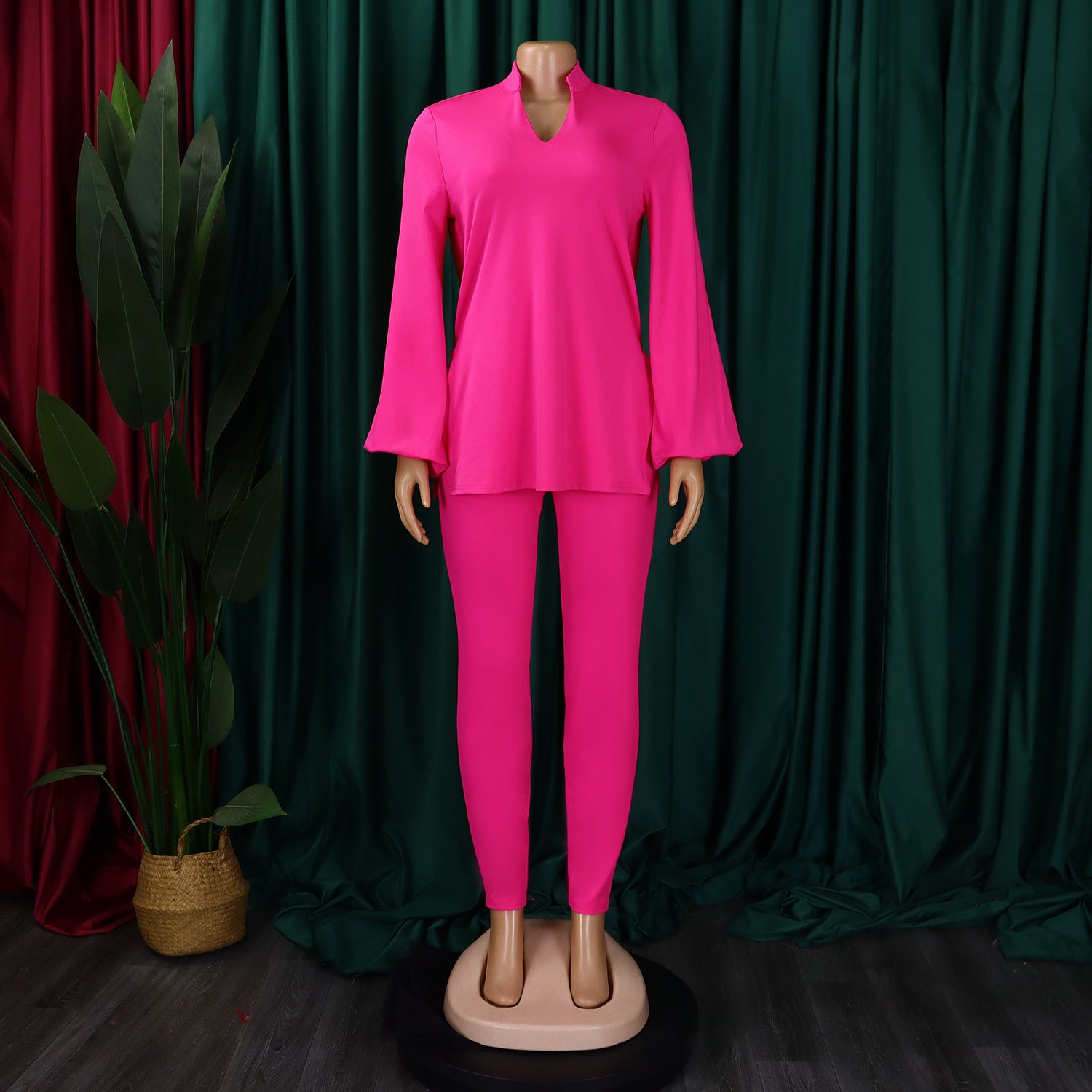 Women's Fall Winter Fashion Solid Color Plus Size V Neck Long Sleeve Top Pants African Suit 19