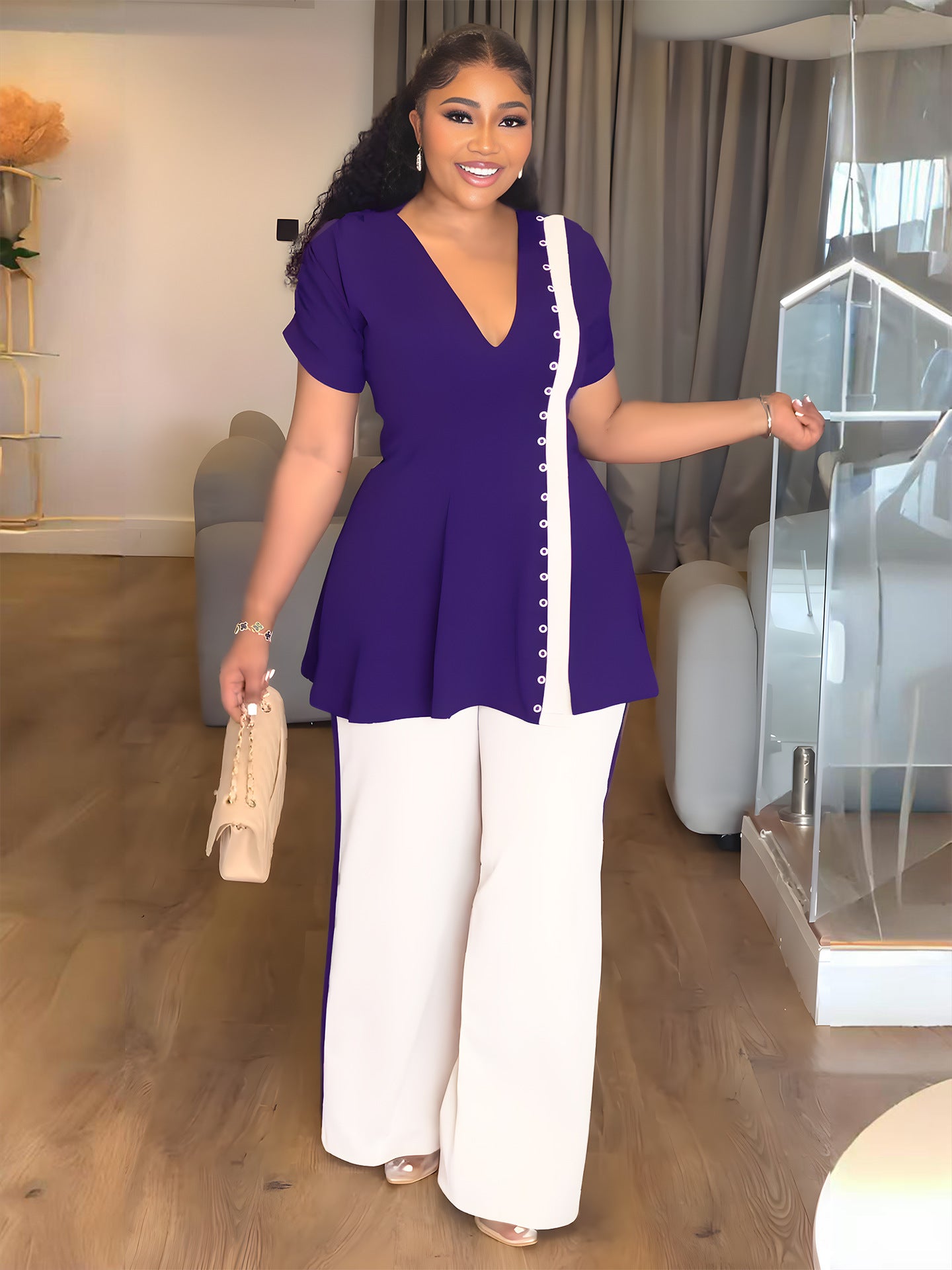 Women Casual Slit Top and High Waist PantsTwo Piece Set 3