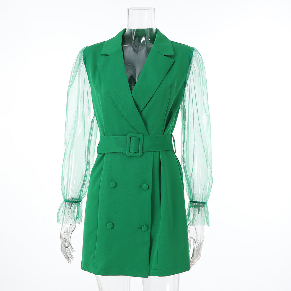 Spring Sexy See-Through Mesh Long Sleeve Double Breasted Slim Waist Chic Women Blazer Dress 16