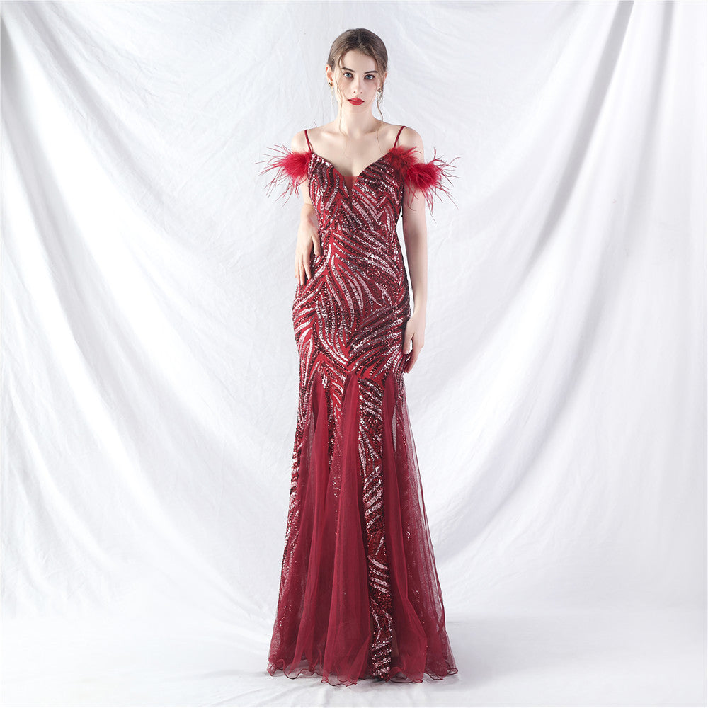 feather sequin Patchwork Mesh luxury evening dress 8
